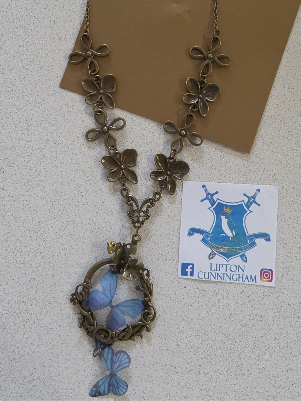 Bronze Floral Blue Butterfly Pendant Statement Necklace Boho Romantic
